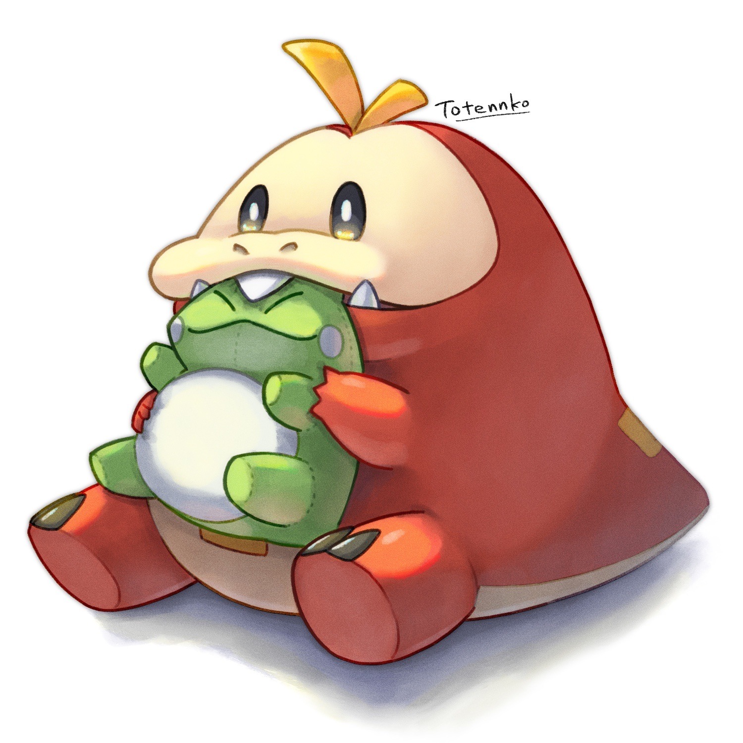 totennko, fuecoco, nintendo, pokemon, highres, artist name, doll, no humans, open mouth, pokemon (creature), signature, simple background, sitting, solo, substitute (pokemon), white background