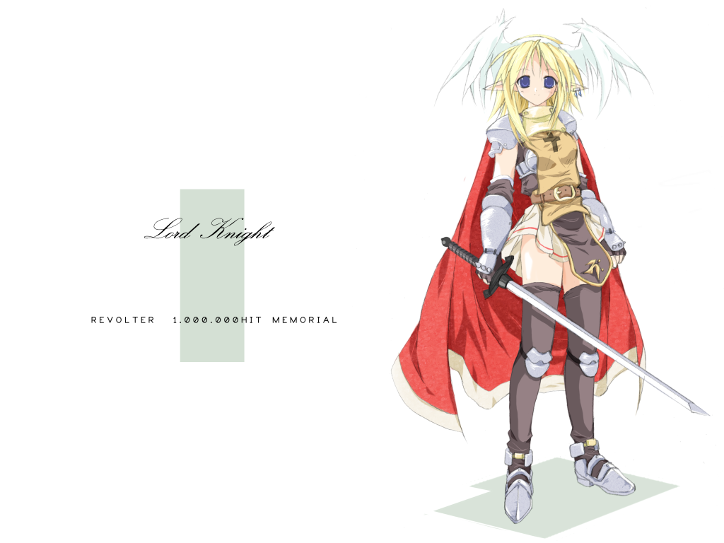 tokita, lord knight (ragnarok online), ragnarok online, 1girl, armor, armored dress, blonde hair, blue eyes, cape, dress, female focus, head wings, pointy ears, skirt, solo, sword, thighhighs, weapon, wings