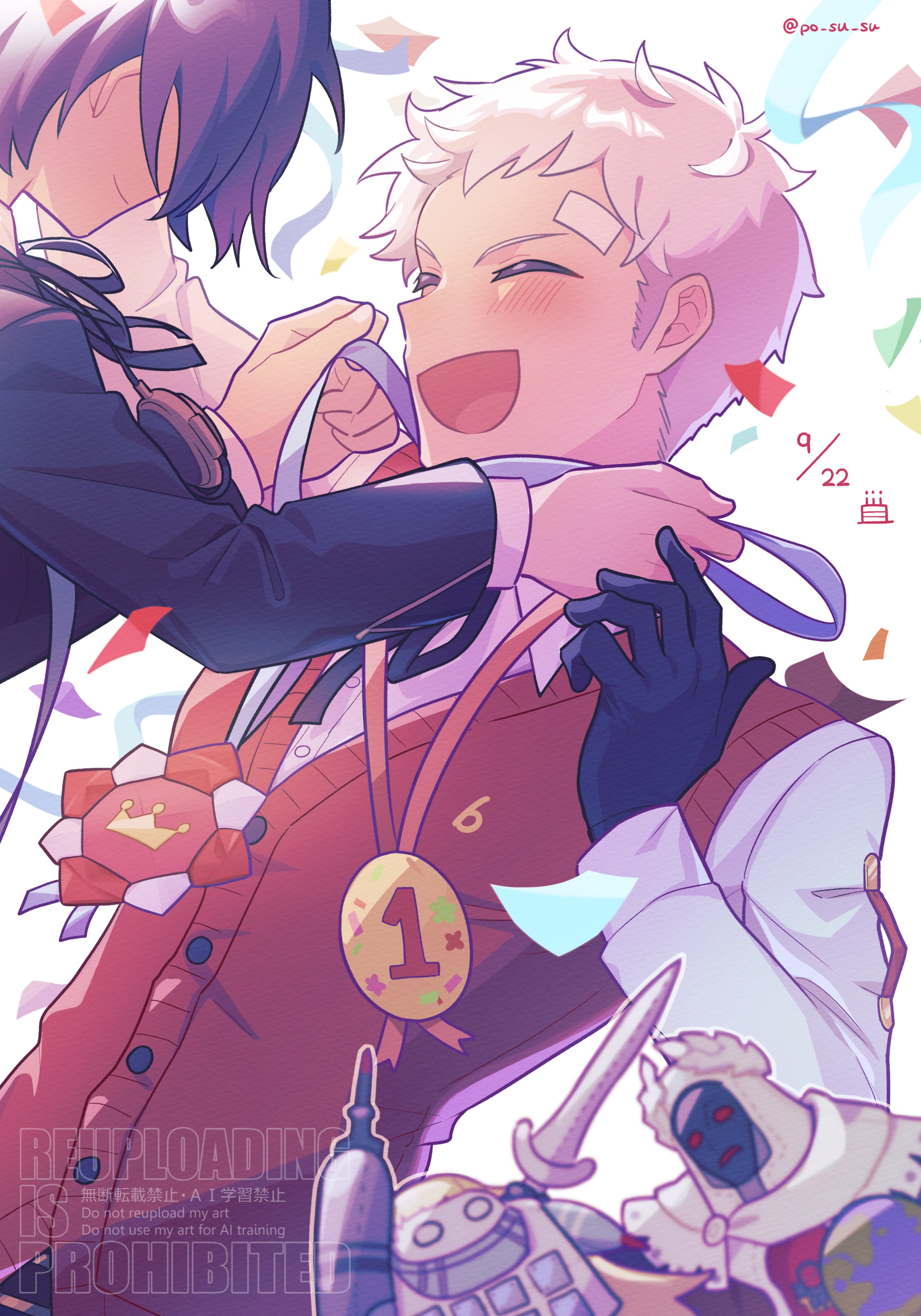 po su su, sanada akihiko, yuuki makoto (persona 3), persona, persona 3, absurdres, commentary request, highres, 2boys, :d, bandaid, bandaid on face, birthday, black jacket, black ribbon, blue hair, blurry, blurry foreground, blush, caesar (persona), closed eyes, closed mouth, confetti, dated, facing another, gekkoukan high school uniform, gold medal, hair over one eye, holding medal, jacket, male focus, medal, multiple boys, open mouth, persona (summon), polydeuces (persona), red vest, ribbon, school uniform, shirt, short hair, smile, twitter username, upper body, very short hair, vest, white background, white hair, white shirt