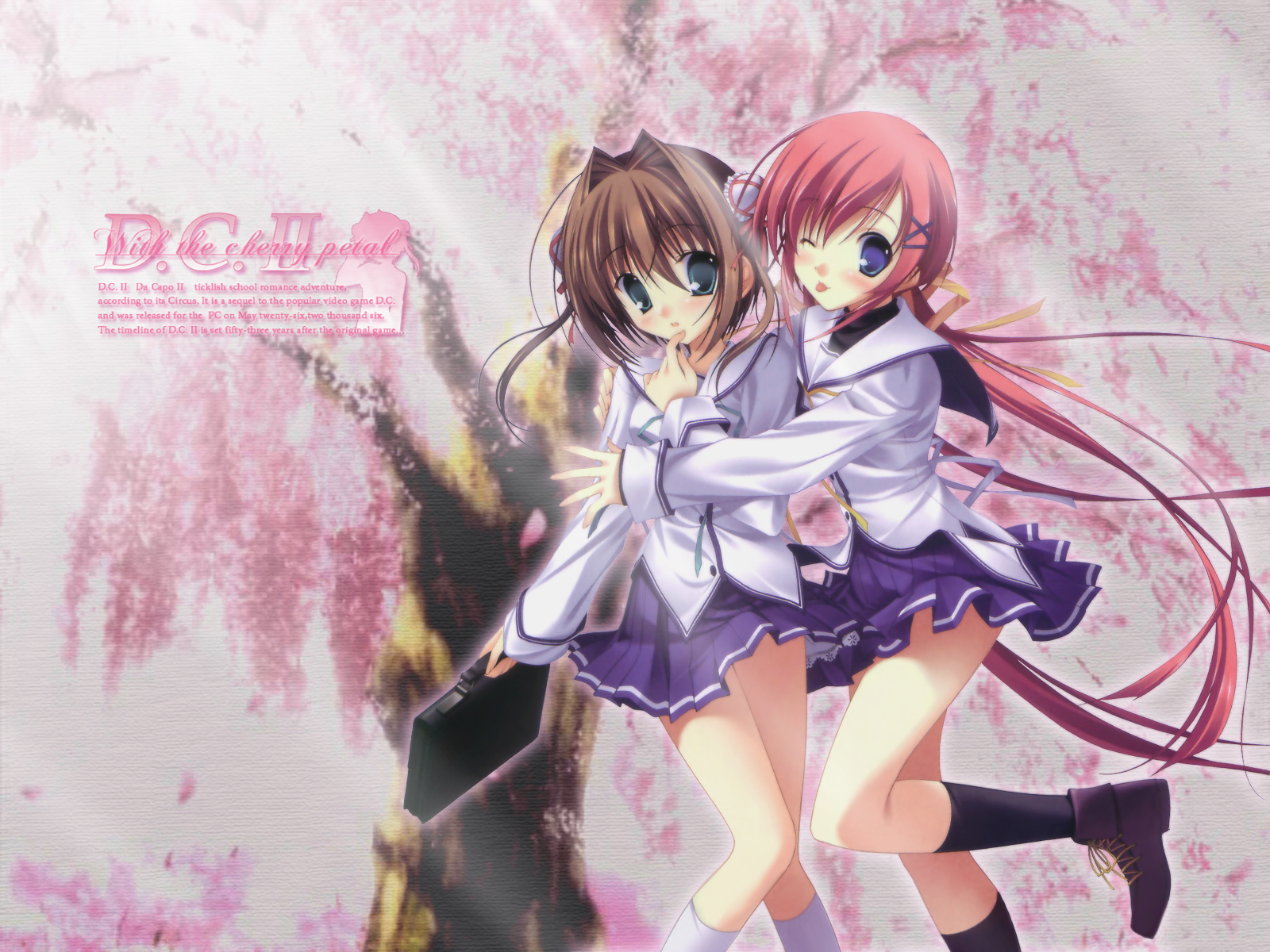 tanihara natsuki, yaegashi nan, asakura yume, shirakawa nanaka, da capo, da capo ii, highres, 00s, 2girls, bag, blue eyes, brown hair, bun cover, cherry blossoms, double bun, green eyes, hair bun, hug, long hair, multiple girls, one eye closed, pink hair, school uniform, serafuku, short hair, tongue, twintails, wink