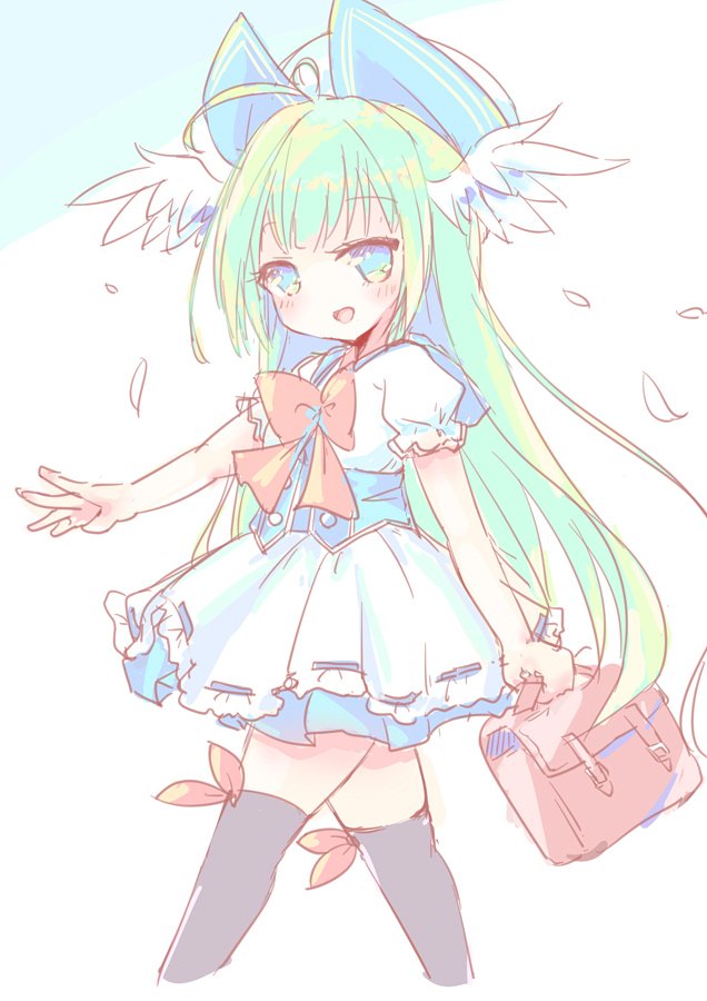 emil chronicle online, 1girl, bag, black thighhighs, blue corset, blue eyes, blue hat, corset, dress, fly fish alma, frilled dress, frills, green eyes, haruka8738, hat, head wings, holding, holding bag, looking at viewer, neck ribbon, open mouth, red ribbon, ribbon, school bag, smile, solo, thighhighs, white background, white dress, white wings, wings