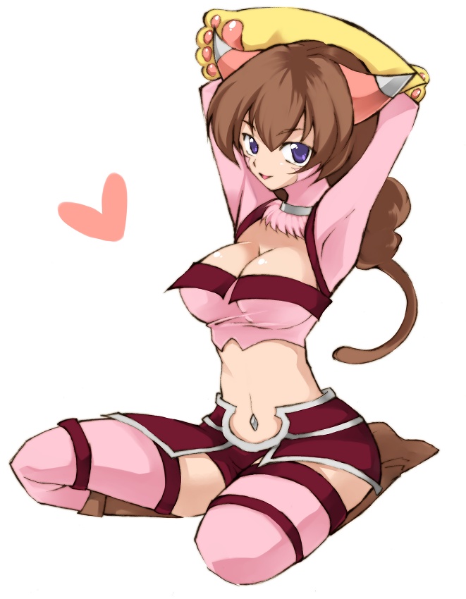 san dai wa jou, tabby, tabby (.hack//), .hack//, .hack//g.u., .hack//roots, bandai, cyber connect 2, bad id, bad pixiv id, 00s, 1girl, animal ears, animal hands, breasts, brown hair, cat ears, cat paws, cleavage, female focus, large breasts, midriff, miniskirt, navel, ponytail, purple eyes, short hair, skirt, solo, thighhighs, zettai ryouiki