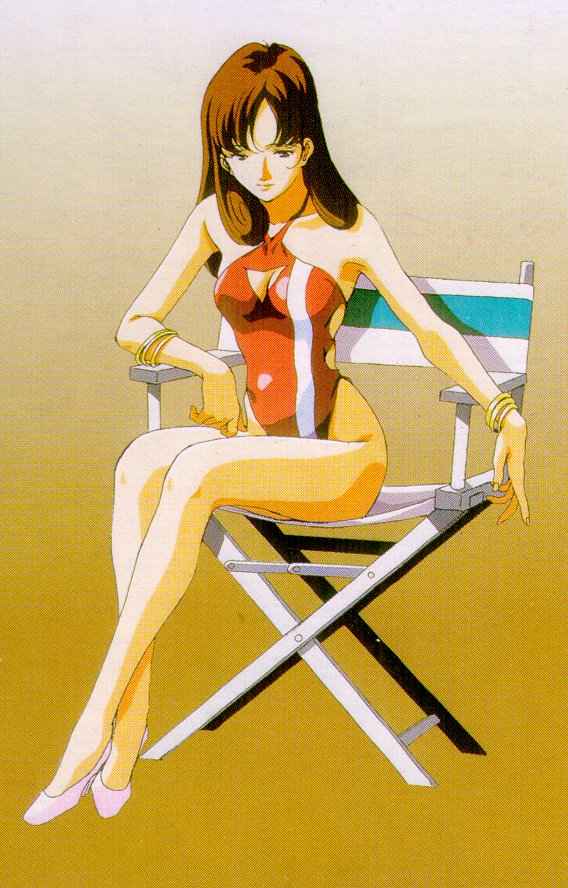 mikimoto haruhiko, hayase misa, choujikuu yousai macross, macross, 1980s (style), non-web source, 1girl, bracelet, breasts, brown hair, casual one-piece swimsuit, chair, cleavage, director's chair, female focus, folding chair, jewelry, legs, long hair, oldschool, on chair, one-piece swimsuit, retro artstyle, solo, swimsuit