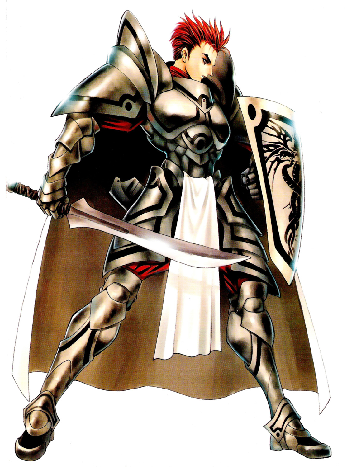 highres, 1boy, armor, cape, male focus, red hair, shield, solo, sword, weapon