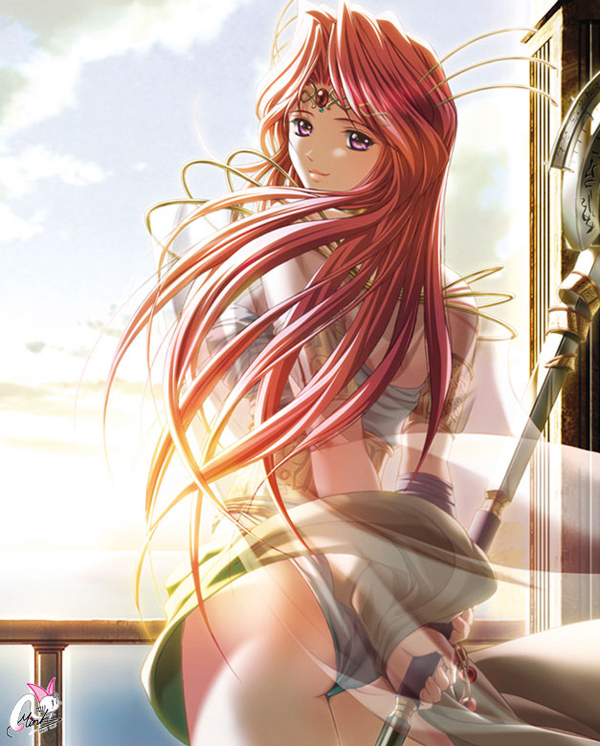 jylisys artemis le tevarnee, danger angel, 1girl, ass, circlet, female focus, long hair, looking back, panties, polearm, purple eyes, red hair, solo, staff, underwear, weapon, wind, wind lift