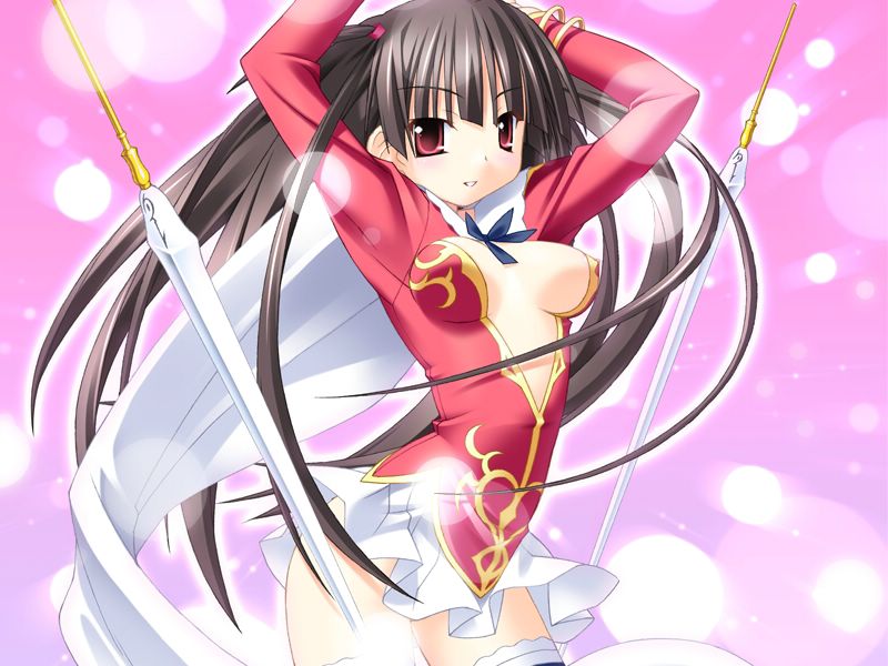 kannagi rei, iinchou (princess witches), princess witches, game cg, jpeg artifacts, 1girl, arms up, black hair, breasts, cape, center opening, cleavage, covered erect nipples, female focus, long hair, medium breasts, red eyes, skirt, solo, thighhighs, very long hair, weapon, zettai ryouiki