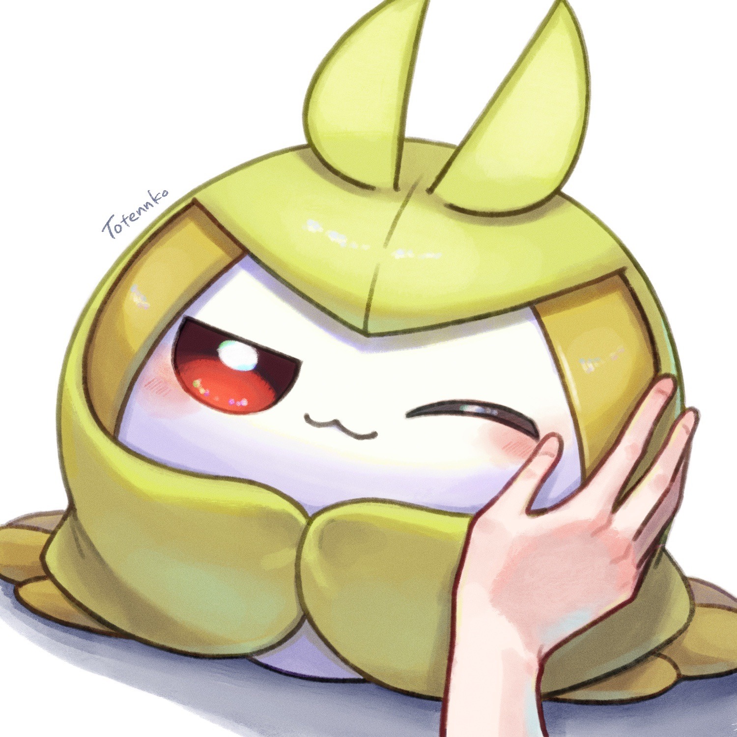 totennko, swadloon, nintendo, pokemon, highres, alternate color, alternate shiny pokemon, artist name, blush, gen 5 pokemon, looking at viewer, one eye closed, pokemon (creature), pov, pov hands, red eyes, signature, simple background, solo focus, white background