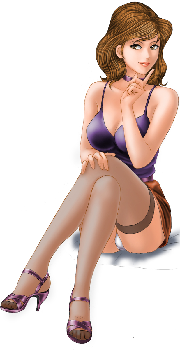 toten (der fuhrer), mine fujiko, lupin iii, tms entertainment, highres, 1girl, choker, crossed legs, female focus, high heels, mature female, open shoes, panties, pantyshot, sandals, shoes, sitting, solo, thighhighs, underwear