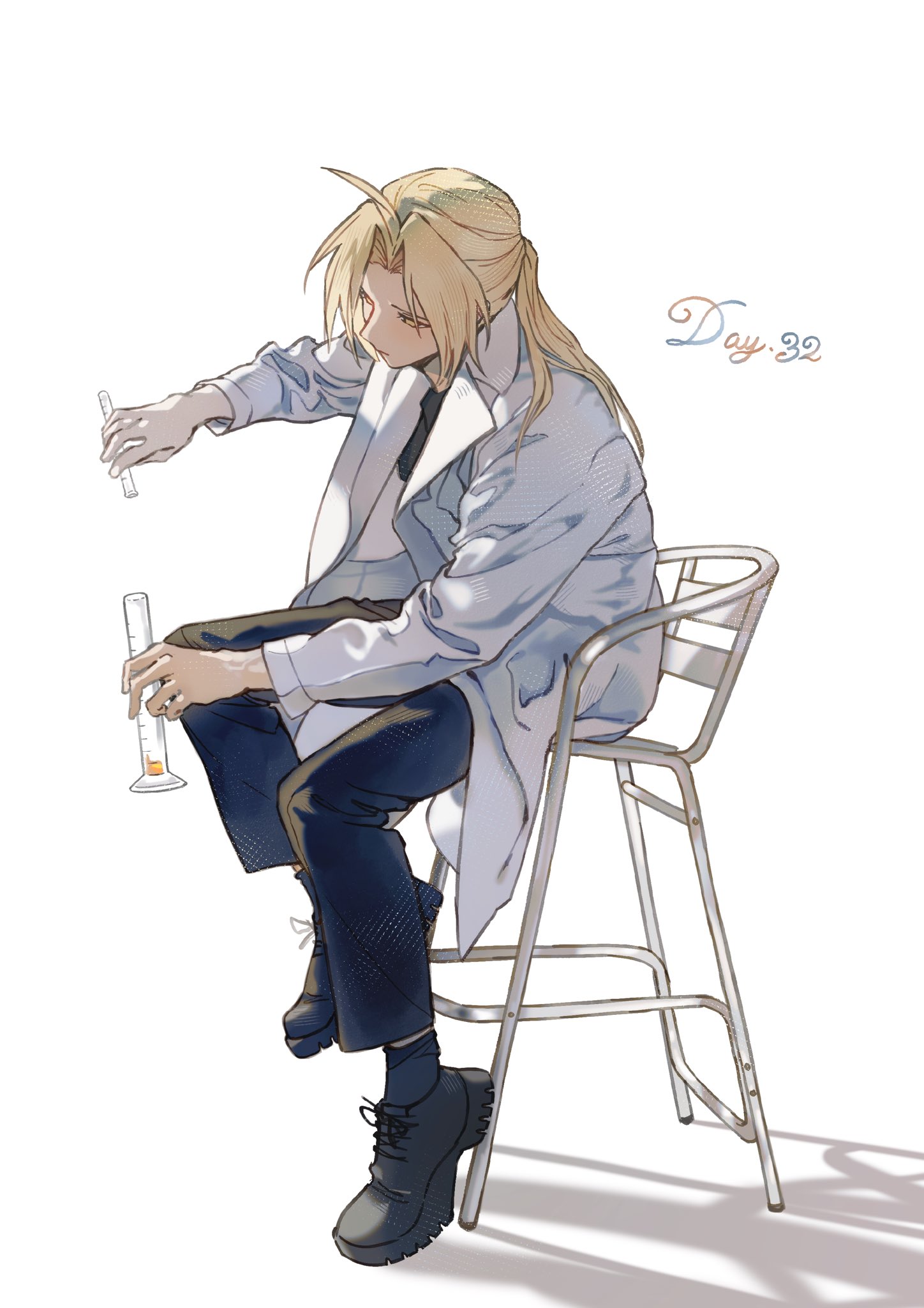xue ezi, edward elric, fullmetal alchemist, highres, 1boy, ahoge, beaker, black pants, black shirt, blonde hair, chair, closed mouth, coat, full body, glass, gloves, hair between eyes, holding, horse tail, lab coat, long hair, long sleeves, male focus, on chair, pants, shade, shirt, shoes, simple background, sitting, solo, tail, white background, white coat, yellow eyes