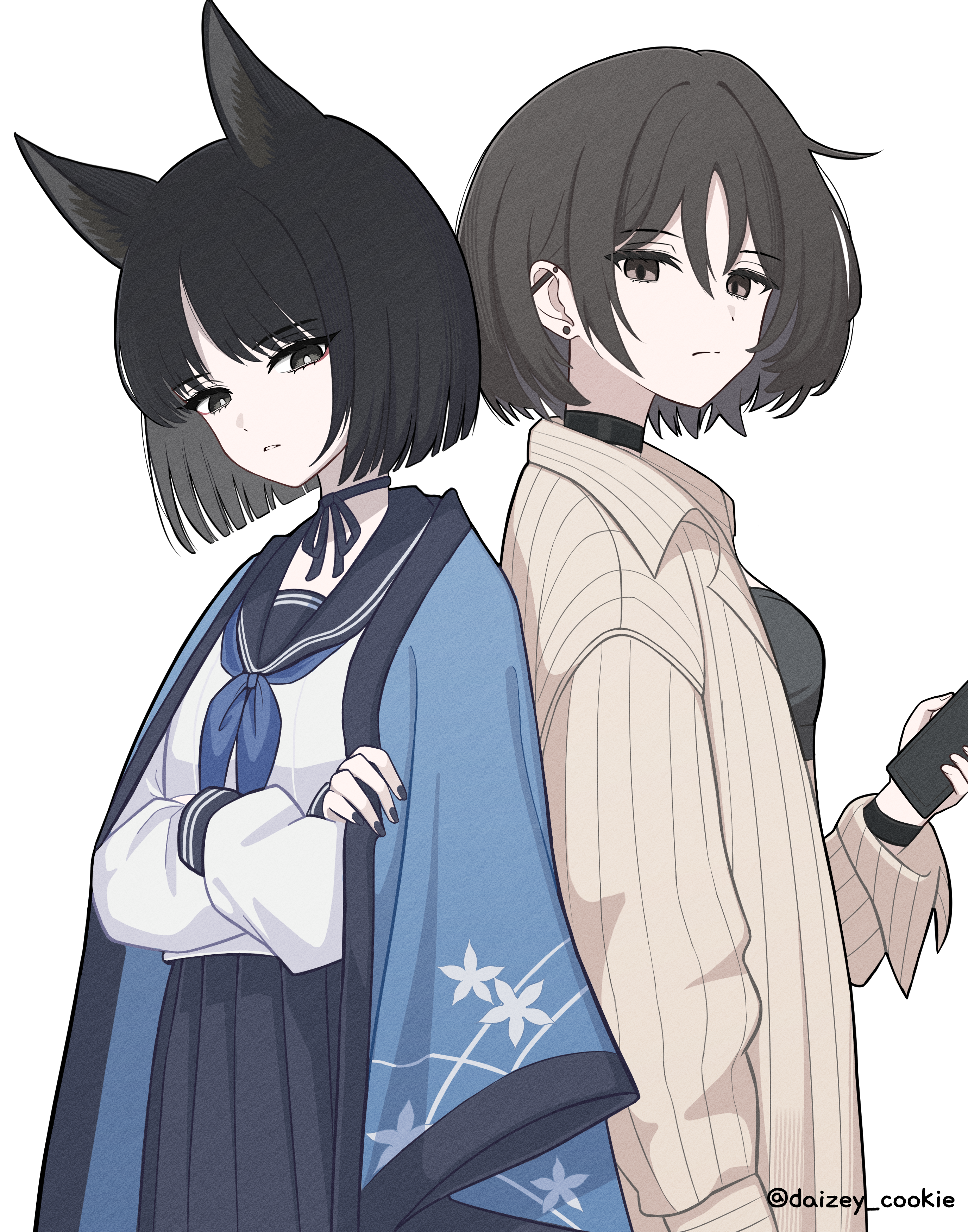 kikyou (blue archive), misaki (blue archive), misaki (swimsuit) (blue archive), blue archive, absurdres, highres, 2girls, animal ears, bellflower, bikini, black bikini, black choker, black eyes, black hair, black nails, blue cape, blue sailor collar, cape, cat ears, cat girl, cellphone, chinese bellflower, choker, crossed arms, daizey cookie, floral print, flower, holding, holding phone, looking at viewer, multiple girls, phone, sailor collar, school uniform, serafuku, shirt, simple background, smartphone, striped clothes, striped shirt, swimsuit, vertical-striped clothes, vertical-striped shirt, white background