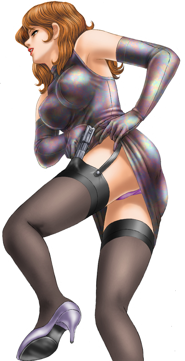 toten (der fuhrer), mine fujiko, lupin iii, tms entertainment, highres, 1girl, bare shoulders, brown eyes, brown hair, clothes lift, female focus, gloves, gun, high heels, panties, pantyshot, pencil skirt, shoe soles, shoes, skirt, skirt lift, solo, thighhighs, underwear, upskirt, weapon