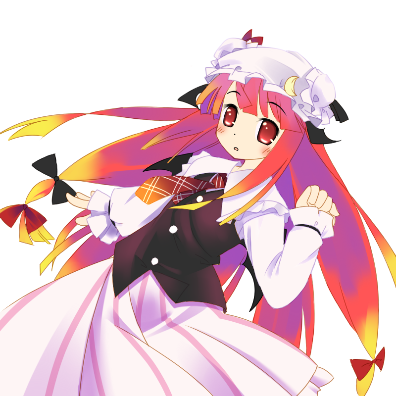 tachibana (pixiv), tachibana (tach011194), koakuma, patchouli knowledge, embodiment of scarlet devil, touhou, 1girl, bat wings, blush, child, crescent, female focus, fusion, gradient hair, hat, head wings, if they mated, long hair, multicolored hair, orange hair, purple hair, red eyes, red hair, ribbon, solo, vest, wings