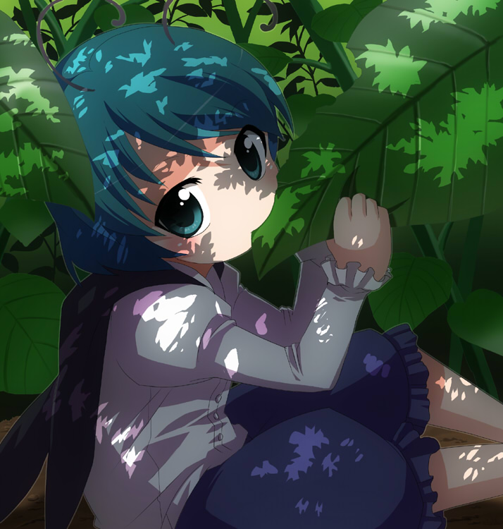 aro, ya (pixiv), wriggle nightbug, touhou, 1girl, antennae, aqua eyes, aqua hair, bloomers, cape, dappled sunlight, dress shirt, eating, female focus, green hair, leaf, looking at viewer, nature, no nose, reverse trap, shirt, short hair, solo, sunlight, tree shade, underwear