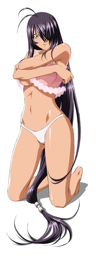 kan'u unchou, ikkitousen, ikkitousen great guardians, 00s, 1girl, antenna hair, black hair, breasts, dark-skinned female, dark skin, female focus, kneeling, large breasts, lingerie, long hair, low-tied long hair, nightgown, panties, see-through clothes, solo, underboob, underwear, very long hair, white panties