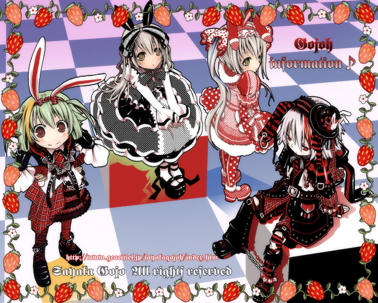 gojou sayaka, original, 1boy, 3girls, animal ears, brown eyes, food, fruit, green hair, multiple girls, pantyhose, rabbit ears, strawberry
