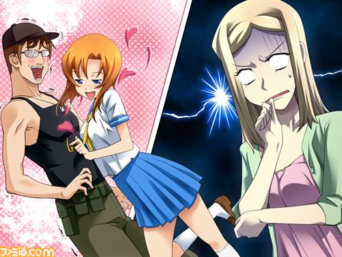 rato, ryuuguu rena, takano miyo, tomitake jirou, higurashi no naku koro ni, lowres, 00s, 1boy, 2girls, assertive female, biting, biting own thumb, blonde hair, blue eyes, blush, breasts, brown hair, flirting, glasses, half-closed eyes, heart, jealous, large breasts, long hair, multiple girls, orange hair, school uniform, seductive gaze, seductive smile, serafuku, short hair, smile, surprised