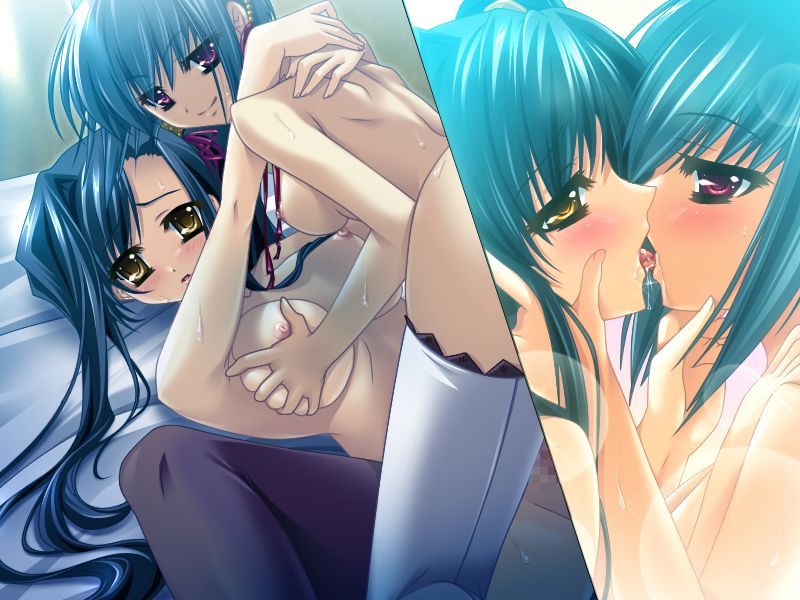 katagiri hinata, chouun (koihime musou), kan'u (koihime musou), koihime musou, game cg, jpeg artifacts, 00s, 2girls, blue hair, blush, breasts, grabbing another's breast, groping, kiss, multiple girls, purple eyes, saliva, sweat, tongue, yellow eyes, yuri