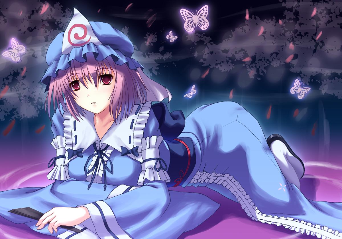 eien, nagatsuki towa, saigyouji yuyuko, touhou, 1girl, female focus, hat, japanese clothes, kimono, pink hair, short hair, solo