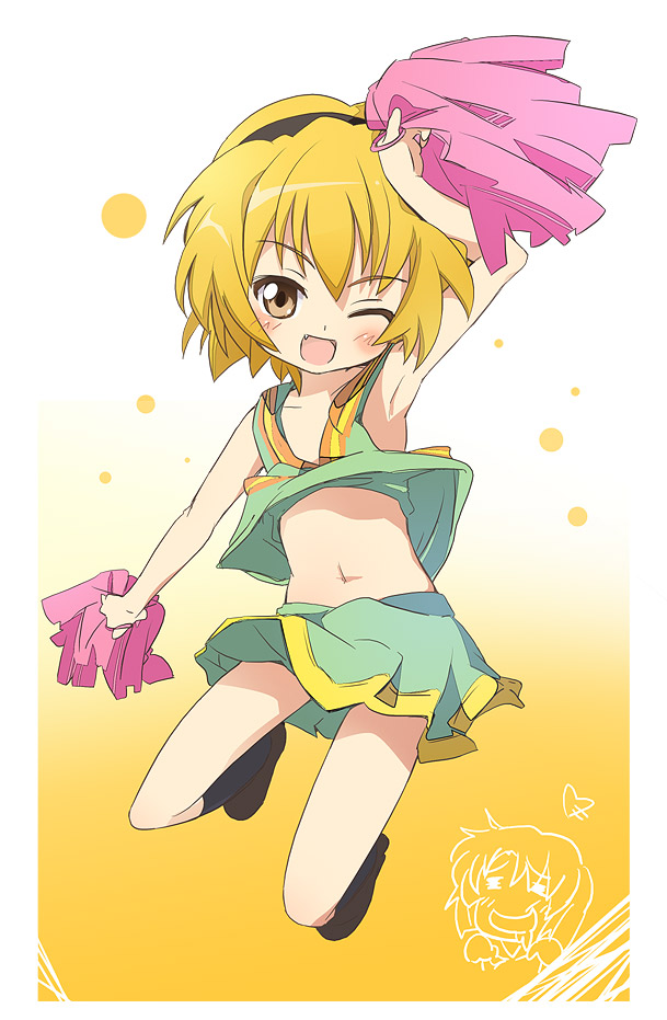 ixy, houjou satoko, ryuuguu rena, higurashi no naku koro ni, 00s, 2girls, blonde hair, brown eyes, cheerleader, child, multiple girls, navel, one eye closed, pom pom (cheerleading), solo focus, take it home, wink