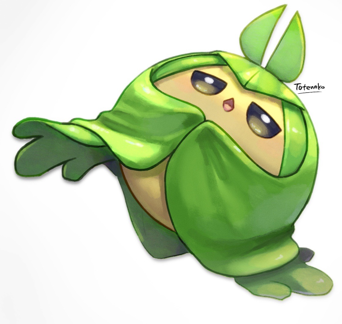 totennko, swadloon, nintendo, pokemon, gen 5 pokemon, no humans, open mouth, pokemon (creature), signature, simple background, solo, white background