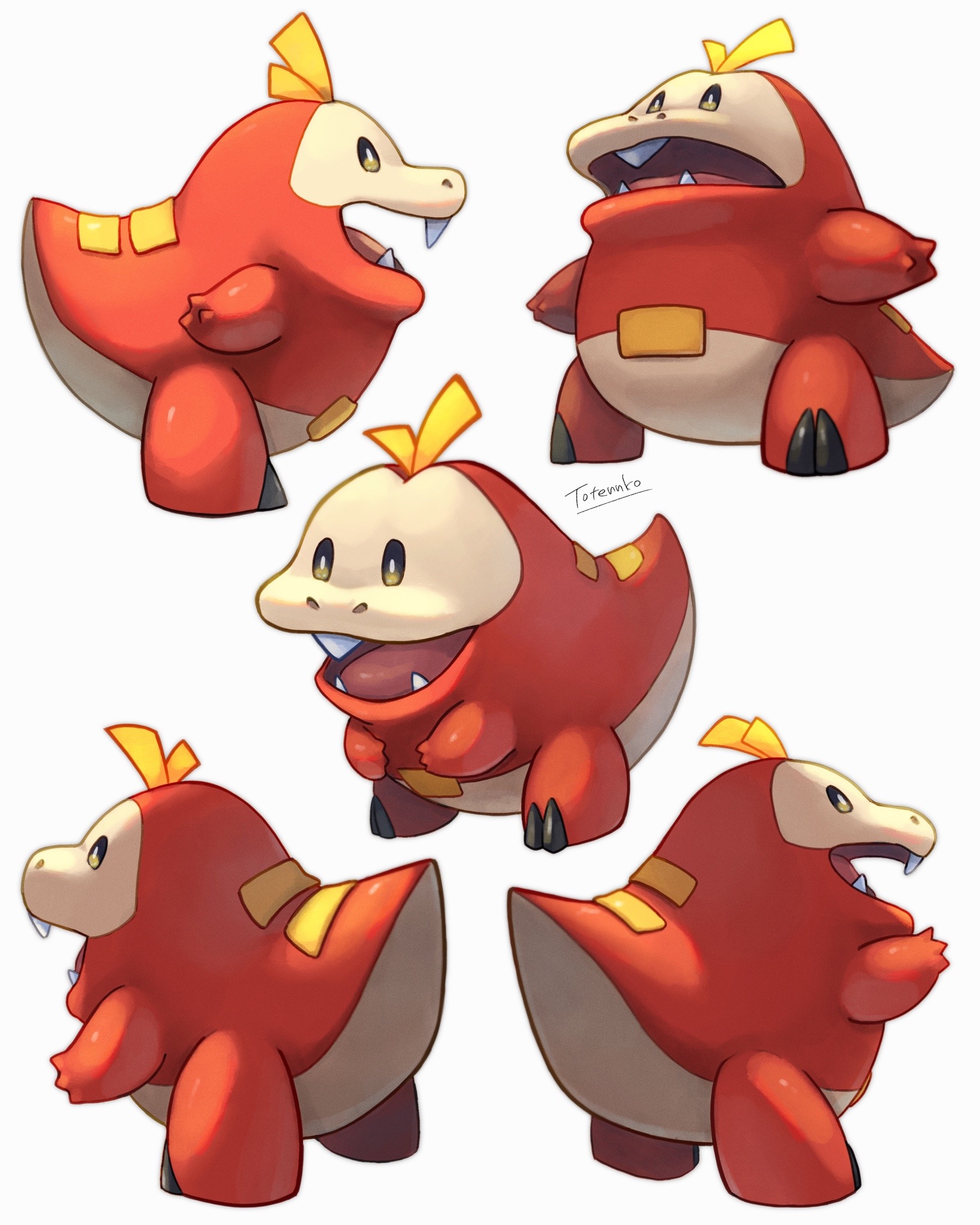 totennko, fuecoco, nintendo, pokemon, highres, artist name, multiple views, no humans, open mouth, pokemon (creature), signature, simple background, white background