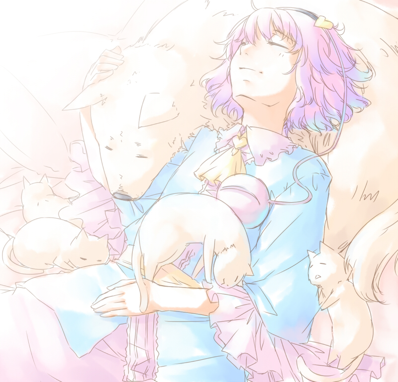 sakuraba yuuki, komeiji satori, touhou, 1girl, cat, dog, female focus, lying, pink hair, short hair, sleeping, solo