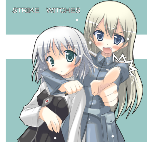 eila ilmatar juutilainen, sanya v. litvyak, strike witches, world witches series, silver hair, lowres, 00s, 2girls, blue eyes, blush, copyright name, green eyes, hug, military, military uniform, multiple girls, necktie, short hair