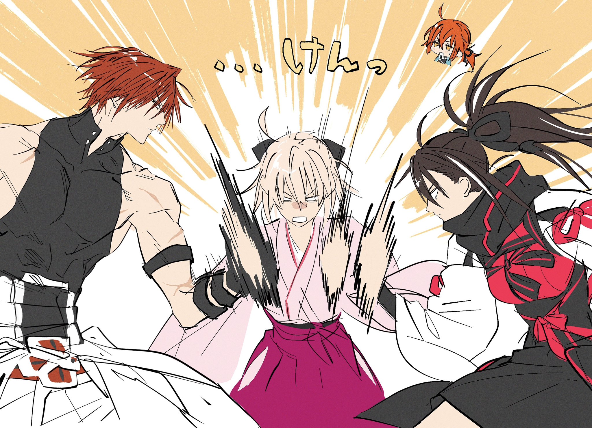 onohino, okita souji (fate), fate/grand order, fate (series), highres, 1boy, 3girls, ahoge, black hair, blank eyes, blonde hair, harada sanosuke (fate), japanese clothes, kawakami gensai (fate), kimono, motion blur, multiple girls, neck warmer, okita souji (first ascension) (fate), orange hair, pink kimono, ponytail, rock paper scissors, scar, scar on arm, shirt, sleeveless, sleeveless shirt