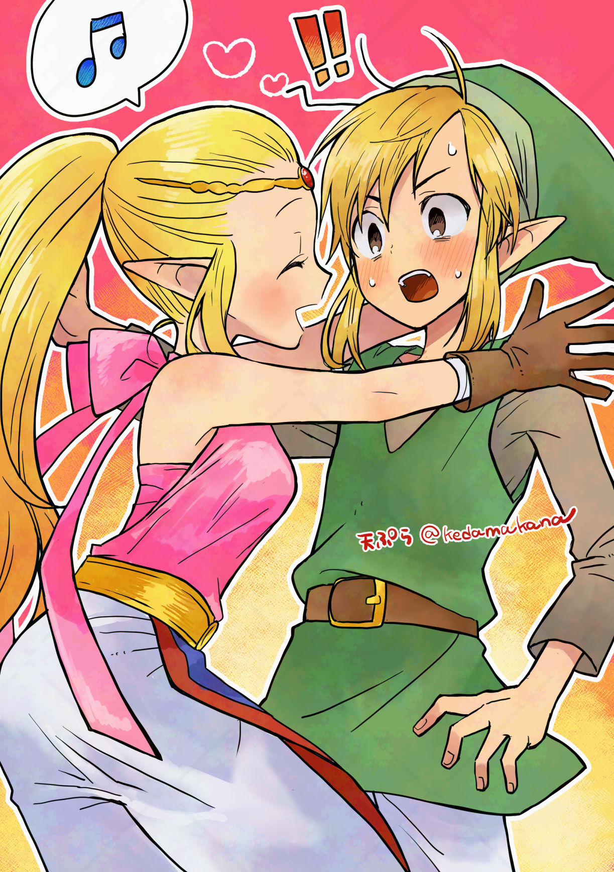 maton (tranp), link, princess zelda, nintendo, the legend of zelda, the legend of zelda: echoes of wisdom, adversarial noise, commentary request, highres, !, !!, 1boy, 1girl, bare shoulders, belt, blonde hair, blush, breasts, brown belt, brown gloves, brown sleeves, circlet, closed eyes, cowboy shot, gem, gloves, gold belt, green hat, green tunic, hat, heart, hetero, imminent hug, long hair, long sleeves, looking at another, medium breasts, musical note, official alternate costume, official alternate hairstyle, open mouth, orange background, outline, pants, pink background, pointy ears, ponytail, red gemstone, royal travel attire (zelda), shirt, shirt tucked in, sidelocks, sleeveless, sleeveless shirt, spoken musical note, teeth, tunic, two-tone background, upper teeth only, white outline, white pants
