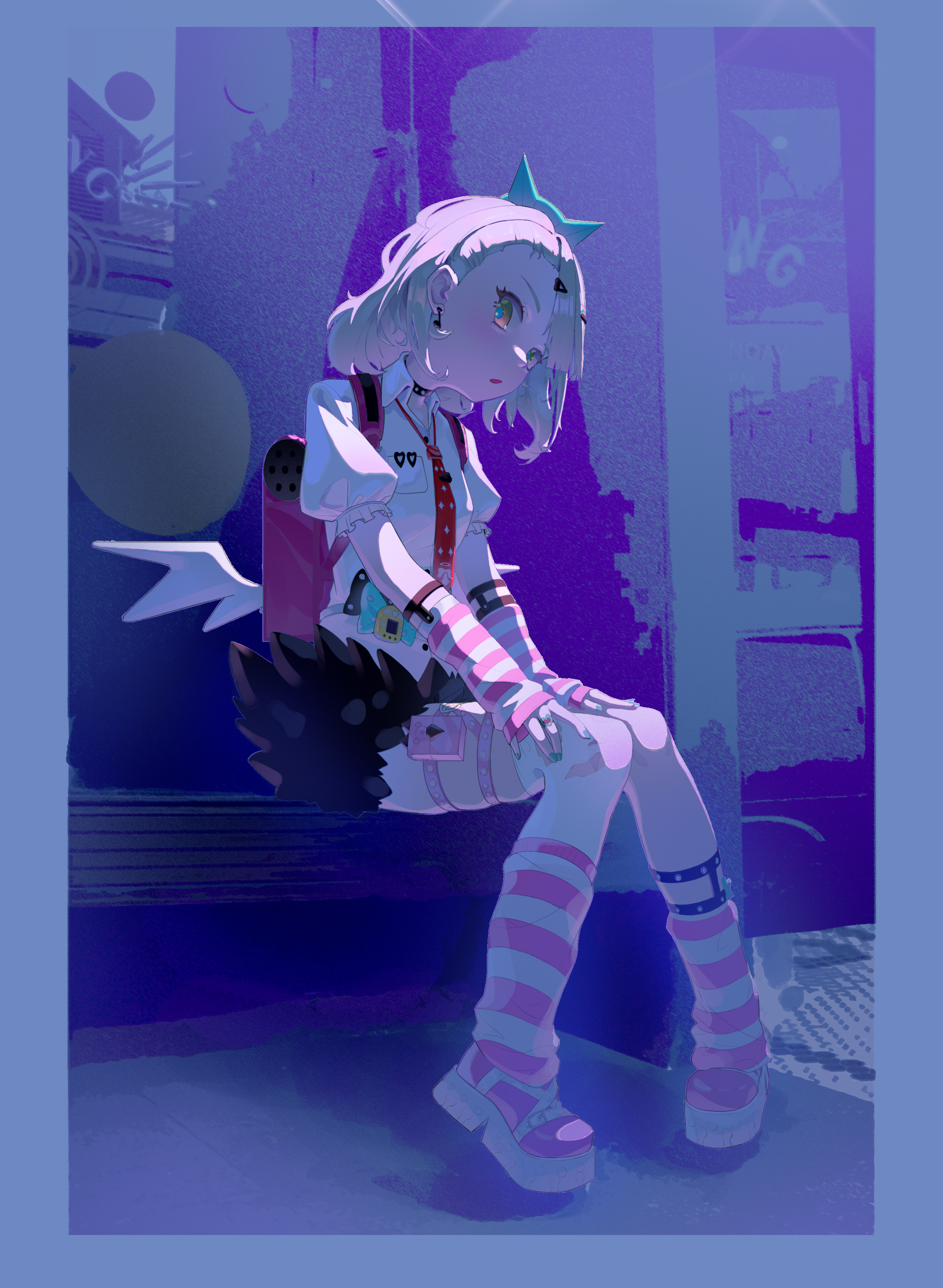 chinatsu remiel, zenless zone zero, absurdres, highres, 1014905210, 1girl, accessories, backpack, bag, bandaid, bandaid hair ornament, blonde hair, blue bow, blue nails, bow, checkered necktie, collar, earrings, fur-trimmed skirt, fur trim, hair ornament, hairclip, hands on own legs, head tilt, jewelry, leg warmers, looking at viewer, multiple hair clips, multiple thigh straps, musical note earrings, necktie, open mouth, pink arm warmers, pink bag, pink leg warmers, pink shoes, red necktie, ring, shirt, shoes, sitting, skirt, solo, striped arm warmers, striped leg warmers, tamagotchi (virtual pet), virtual pet (toy), white shirt, winged bag, wings