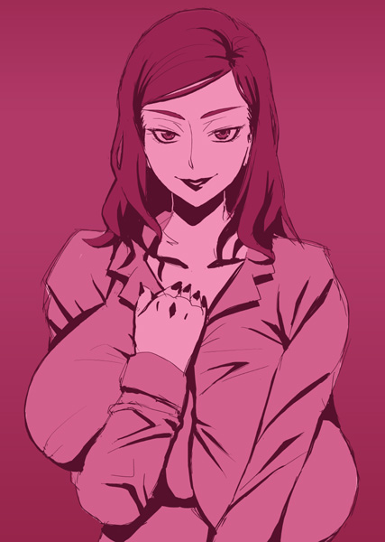 tetrodotoxin, original, breast hold, 1girl, black lips, breasts, colored skin, dark, female focus, gigantic breasts, greeting, grin, hand on own chest, huge breasts, lipstick, long hair, looking at viewer, makeup, monochrome, nail polish, pale skin, pink theme, red eyes, red hair, smile, solo, upper body, white skin