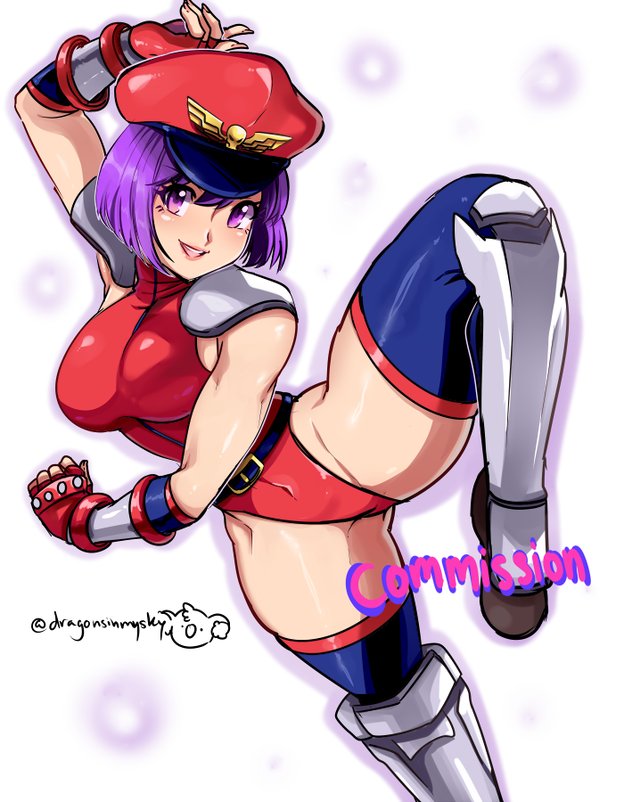 dragonsinmysky, asamiya athena, the king of fighters, 1girl, bodysuit, boots, breasts, curvy, female focus, gloves, hands up, hat, huge breasts, large breasts, pale skin, purple eyes, purple hair, short hair, skin tight, smile, smiley face, thick thighs, thighs, tight clothes