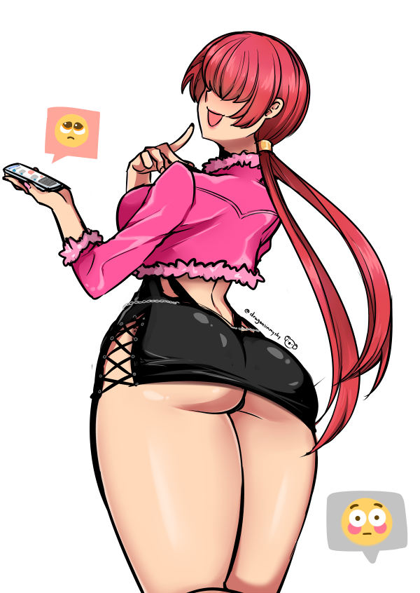 dragonsinmysky, shermie (kof), the king of fighters, 1girl, ass, breasts, clothes lift, curvy, dress, fluffy, from behind, holding, huge ass, huge breasts, jacket, large breasts, long hair, looking at viewer, looking back, pale skin, panties, phone, ponytail, red hair, skirt, skirt lift, smile, smiley face, thick thighs, thighs, underwear, upskirt, wide hips