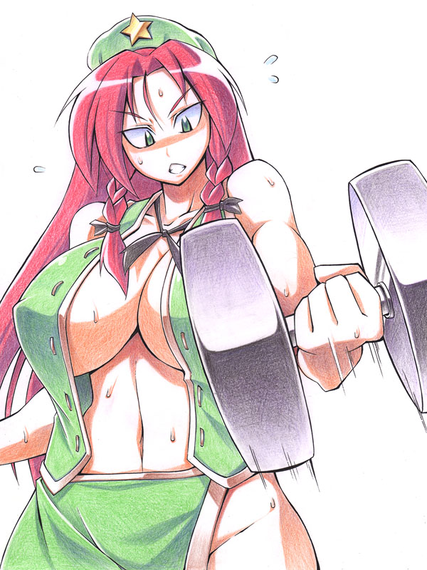 uccow, hong meiling, touhou, bad id, bad pixiv id, colored pencil (medium), traditional media, 1girl, beret, braid, breasts, cleavage, clenched teeth, exercising, female focus, green eyes, hat, huge breasts, long hair, midriff, muscular, muscular female, no bra, no panties, red hair, solo, sweat, teeth, twin braids, weightlifting