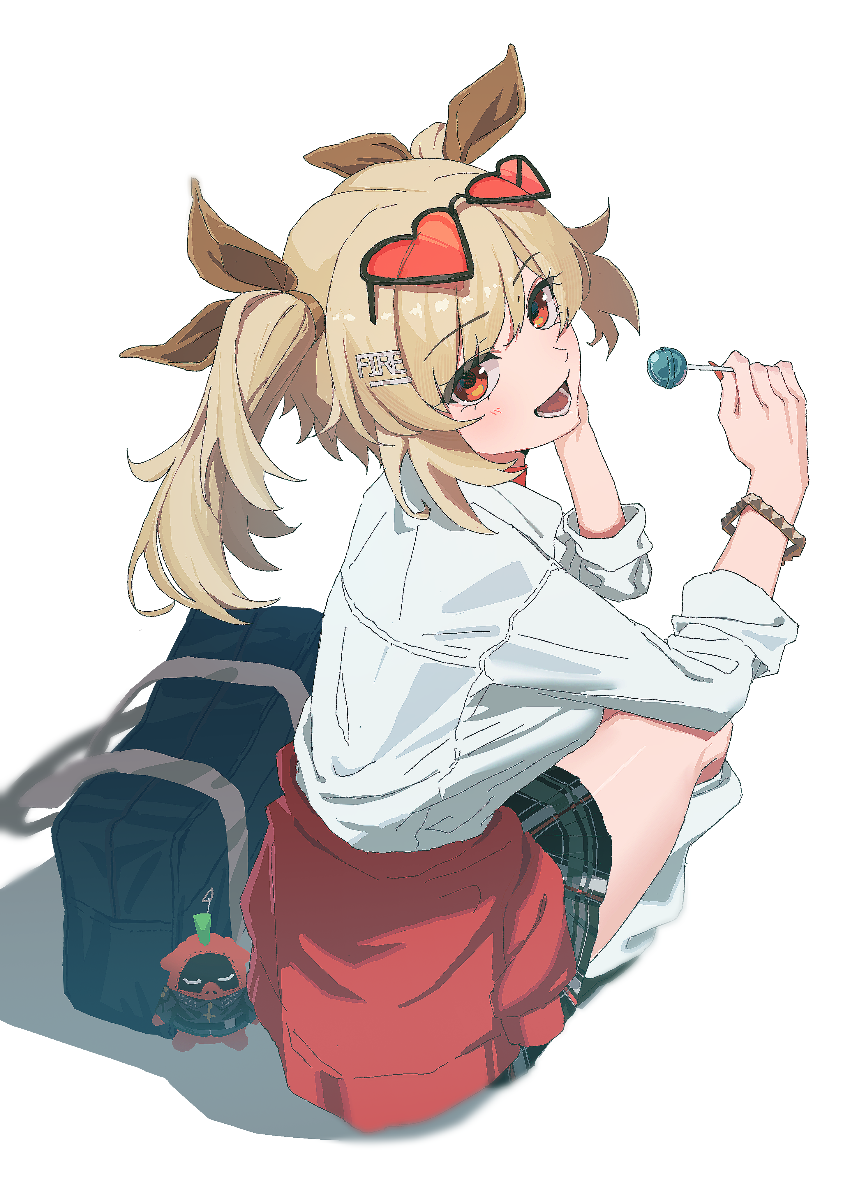 shinaq, bangboo (zenless zone zero), burnice white, zenless zone zero, absurdres, highres, 1girl, bag, bag charm, blonde hair, blush, bracelet, brown ribbon, candy, charm (object), clothes around waist, eyewear on head, food, from behind, hair ornament, hair ribbon, hairclip, holding, holding candy, holding food, holding lollipop, jacket, jewelry, leg warmers, lollipop, looking at viewer, lower teeth only, multiple hair ribbons, open mouth, orange eyes, red-tinted eyewear, red jacket, red nails, ribbon, shirt, short twintails, skirt, sleeves rolled up, smile, solo, squatting, striped clothes, striped skirt, sunglasses, teeth, tinted eyewear, twintails, white background, white leg warmers, white shirt