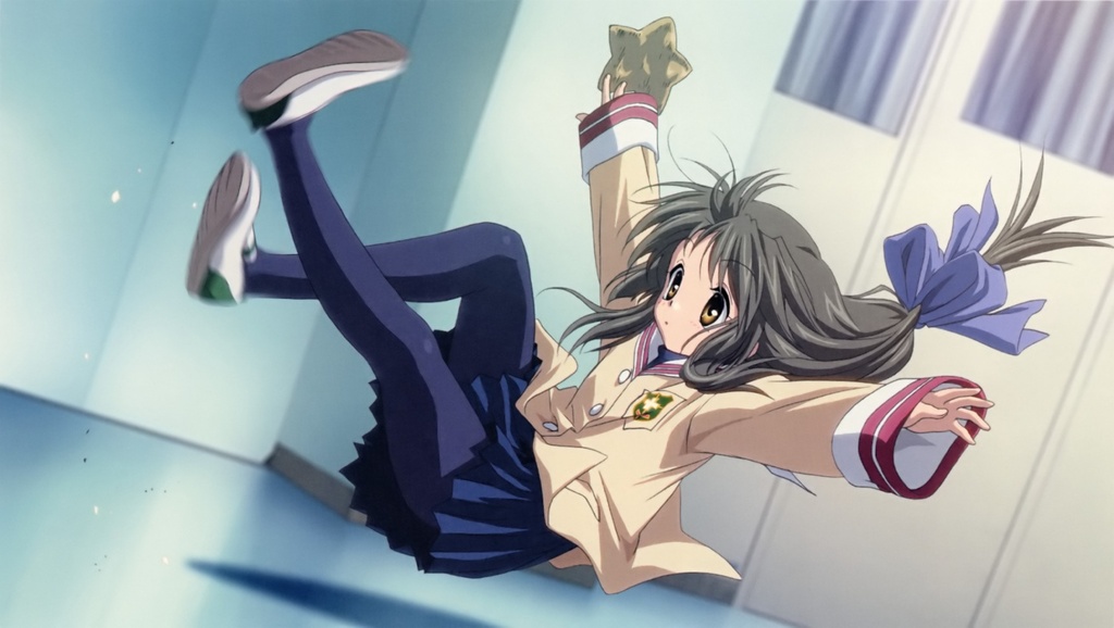 ibuki fuuko, clannad, 00s, 1girl, blue skirt, brown eyes, falling, female focus, full body, indoors, pantyhose, ponytail, school uniform, serafuku, skirt, solo, starfish, tripping