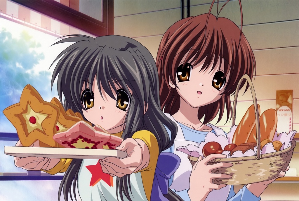 furukawa nagisa, ibuki fuuko, clannad, official art, 00s, antenna hair, bakery, bread, brown eyes, brown hair, food, ribbon, shop, starfish