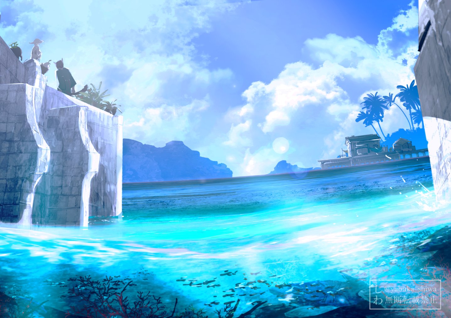 yabuka shiwa, tagme, ocean, palm leaf, water