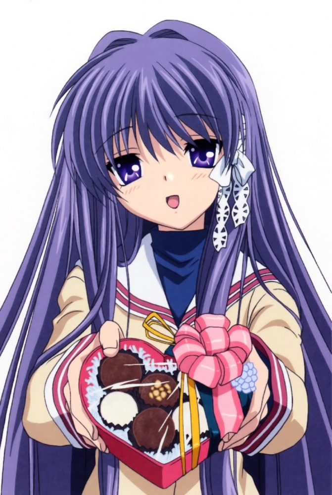 fujibayashi kyou, clannad, 00s, 1girl, blue eyes, blue hair, candy, chocolate, female focus, food, gift, heart, holding, holding gift, incoming gift, long hair, matching hair/eyes, open mouth, pov, purple eyes, purple hair, ribbon, school uniform, serafuku, smile, solo, valentine, very long hair