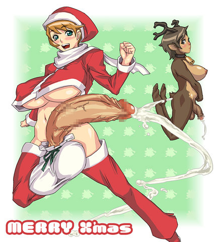 usatarou, clothes, lowres, 2futa, antlers, bell, blonde hair, blush, breasts, brown eyes, brown hair, censored, christmas, collar, cum, dark skin, furry, futanari, green eyes, hat, horns, huge breasts, huge penis, huge testicles, multiple futa, navel, neck bell, nipples, no bra, no panties, nude, open mouth, penis, pointy ears, resize, santa costume, santa hat, scarf, short hair, smile, standing, tail, teeth, testicles, thighhighs, veins, veiny penis
