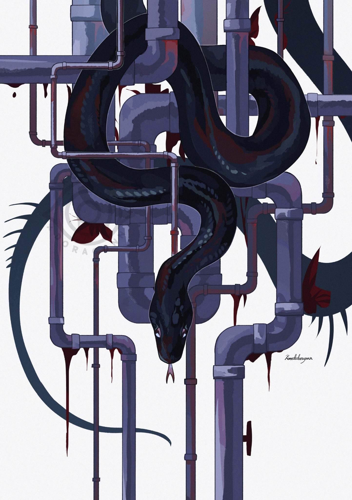 w @komodo, original, highres, animal focus, black scales, black snake, bug, butterfly, forked tongue, industrial pipe, insect, long tail, no humans, red butterfly, signature, snake, solo, tail, tongue, white background