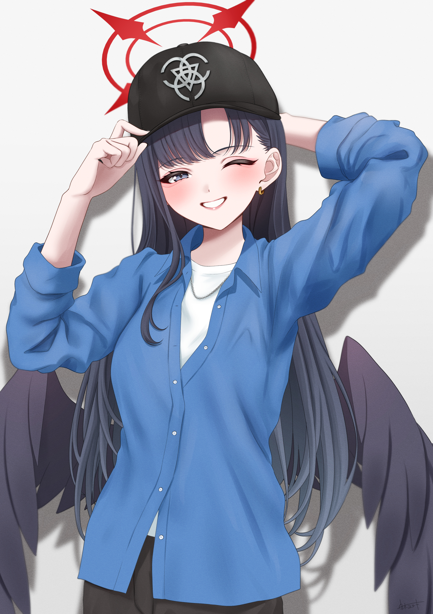yoshiki 3821, ichika (blue archive), blue archive, highres, 1girl, adjusting clothes, adjusting headwear, alternate costume, arm behind head, baseball cap, black hair, black hat, black pants, black wings, blue cardigan, blue eyes, blush, cardigan, earrings, grin, hair behind ear, halo, hat, jewelry, long hair, looking at viewer, one eye closed, pants, red halo, shirt, smile, solo, white shirt, wings