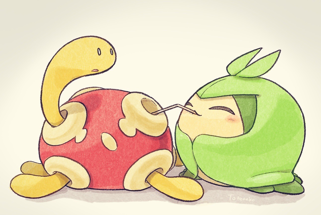 totennko, shuckle, swadloon, nintendo, pokemon, artist name, blush, closed eyes, drinking straw, gen 2 pokemon, gen 5 pokemon, no humans, pokemon (creature), signature, simple background, white background