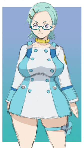 tetrodotoxin, eureka (eureka seven), eureka seven, eureka seven (series), 00s, 1girl, blue hair, breasts, female focus, glasses, gradient background, hip focus, large breasts, short hair, solo, thigh strap, wide hips