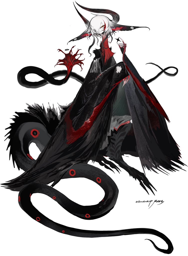 kamikiririp, original, 1other, animal ears, creature, full body, horns, large ears, long claws, long horns, long tail, signature, simple background, solo, tail, white background