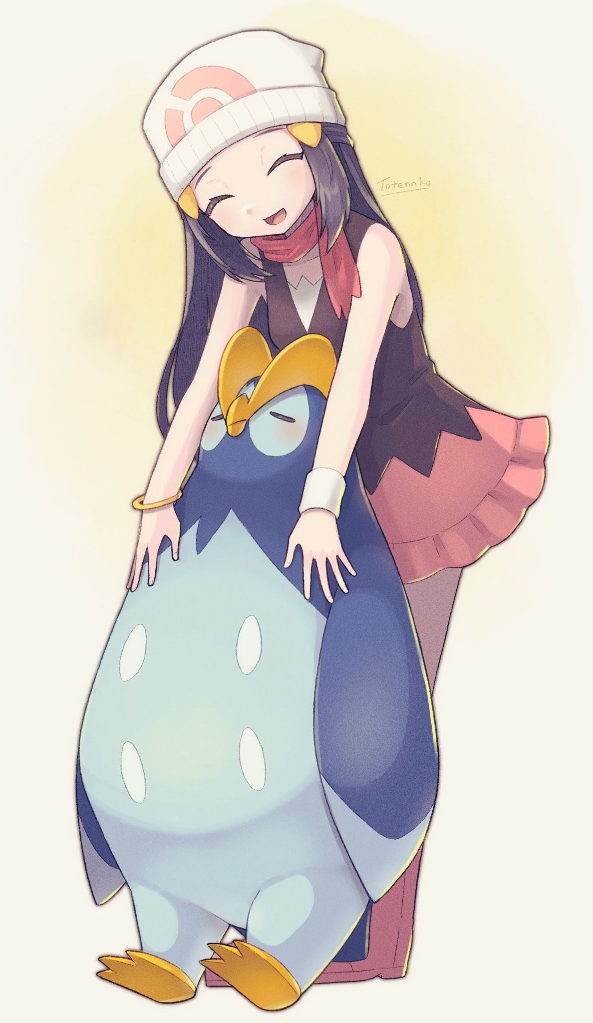 totennko, dawn (pokemon), prinplup, nintendo, pokemon, pokemon dppt, highres, 1girl, beanie, black hair, black shirt, blush, boots, closed eyes, full body, gen 4 pokemon, gradient background, hat, long hair, open mouth, pink boots, pink skirt, pokemon (creature), shirt, signature, skirt, sleeveless, sleeveless shirt, white background, white hat, yellow background