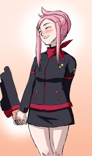 tetrodotoxin, anemone (eureka seven), eureka seven, eureka seven (series), lowres, 00s, 1girl, blush, hair ornament, hairclip, holding hands, pink hair, smile, solo focus