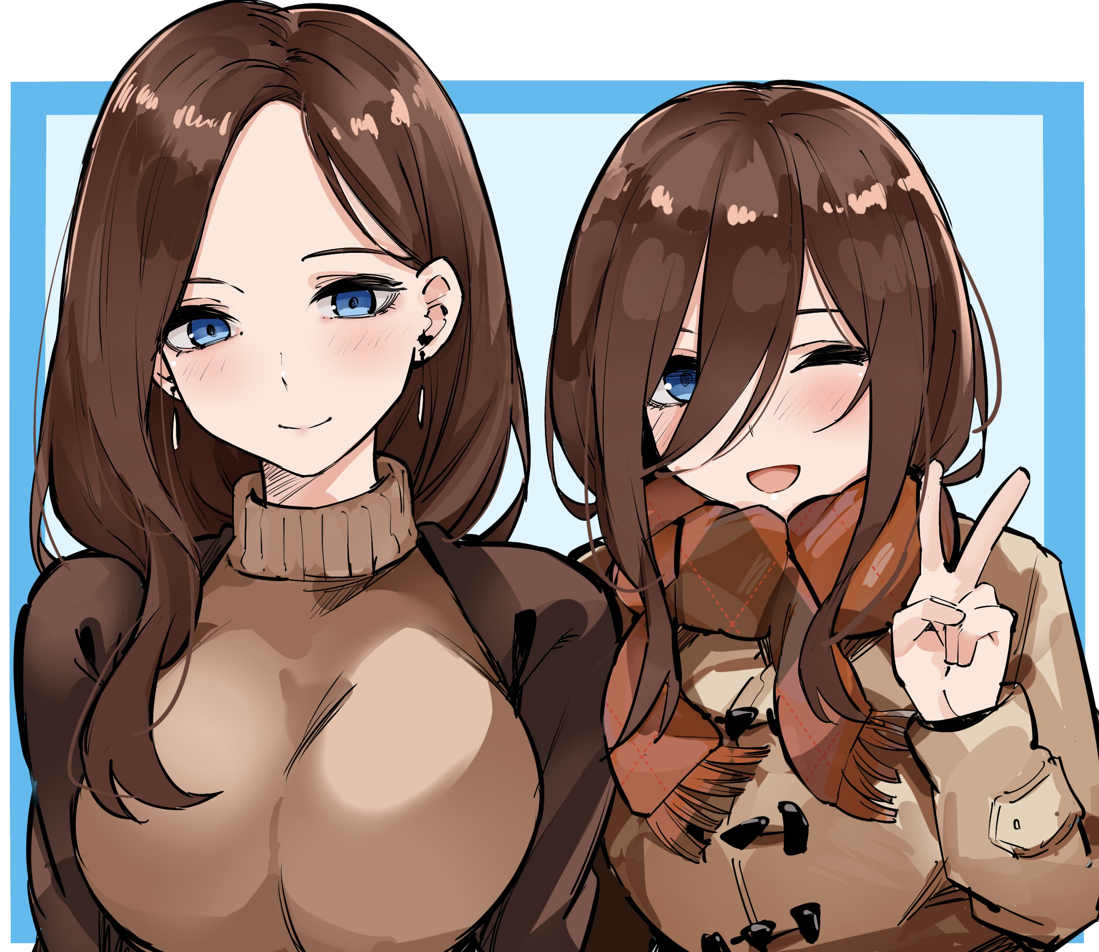 mame1645, nakano miku, go-toubun no hanayome, commentary request, highres, 2girls, age progression, aged up, before and after, blue eyes, breasts, brown hair, earrings, jewelry, large breasts, long hair, multiple girls, one eye closed, open mouth, scarf, smile, turtleneck, v