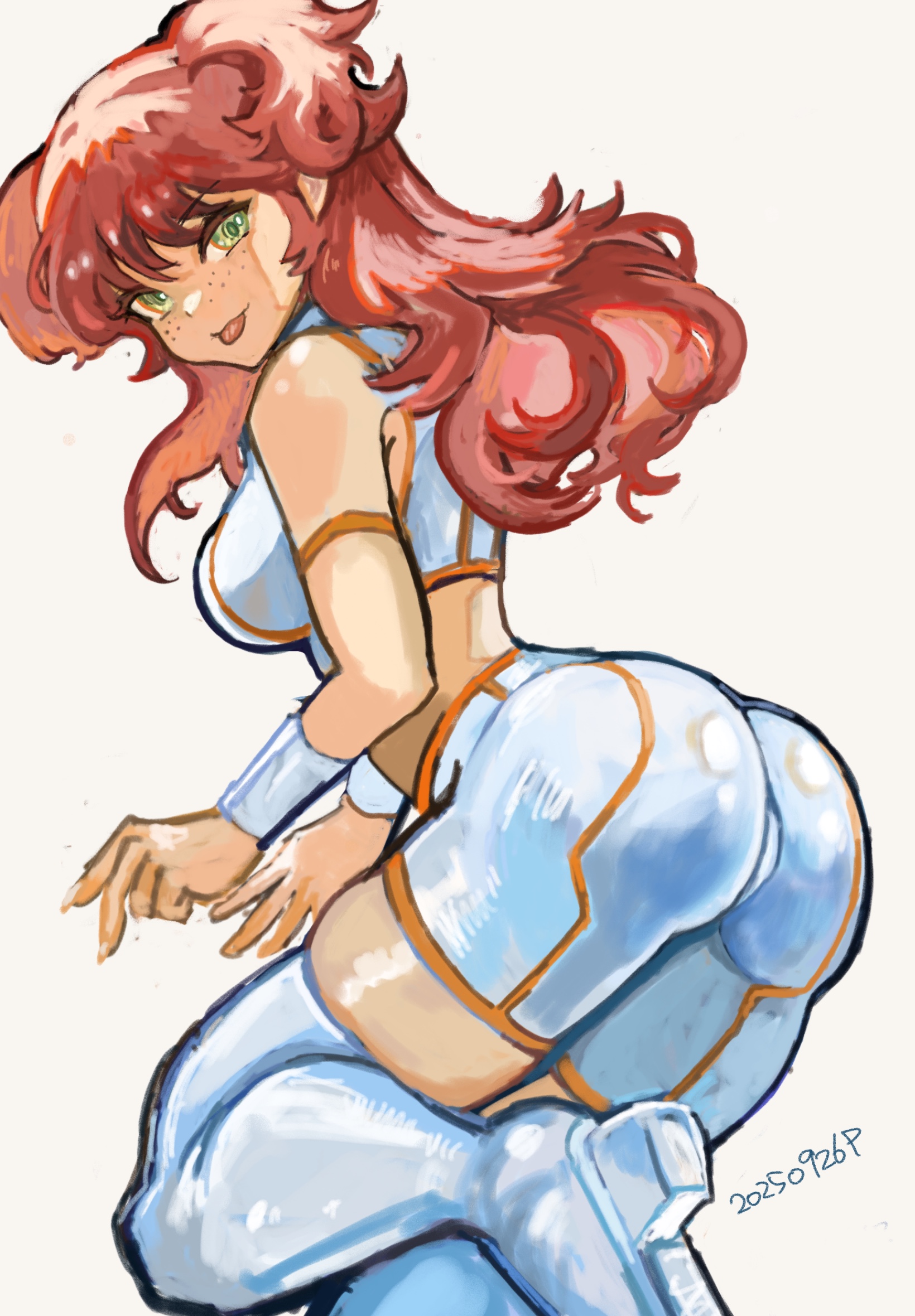 okrdisk2000, nena trinity, gundam, gundam 00, highres, 1girl, ass, blush, breasts, freckles, green eyes, large breasts, long hair, midriff, red hair, shorts, simple background, smile, solo, thighhighs, two side up, white background, white shorts