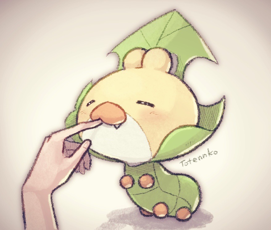 totennko, sewaddle, nintendo, pokemon, artist name, closed eyes, gen 5 pokemon, pokemon (creature), pov, pov hands, signature, simple background, solo focus, white background